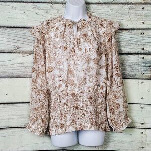 Cato Women’s White Brown Floral Smocked Waist Long Sleeve Blouse Size XL